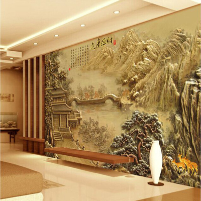 中式山水大型壁画3d墙纸立体浮雕电视背景墙壁纸无缝墙布风水画