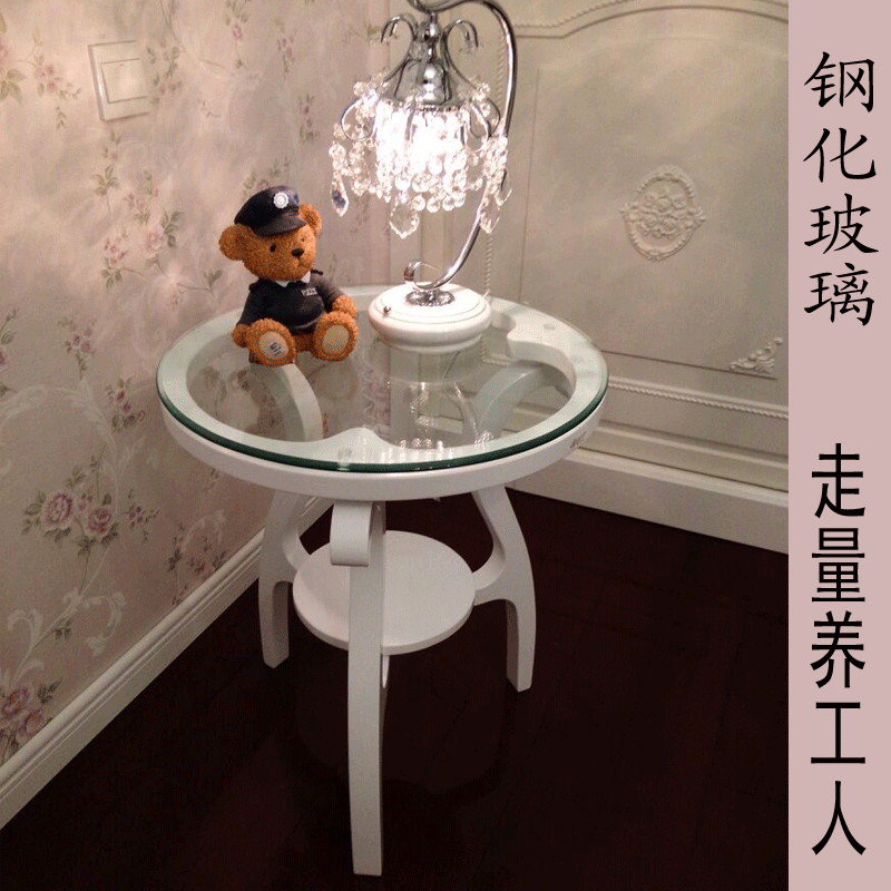 欧式白色烤漆玻璃面圆形双层小茶几 卧室阳台咖啡厅圆桌简约现代