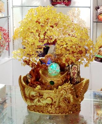 天然黄水晶树 通电流水招财树发财树摇钱树大号聚宝盆摆件