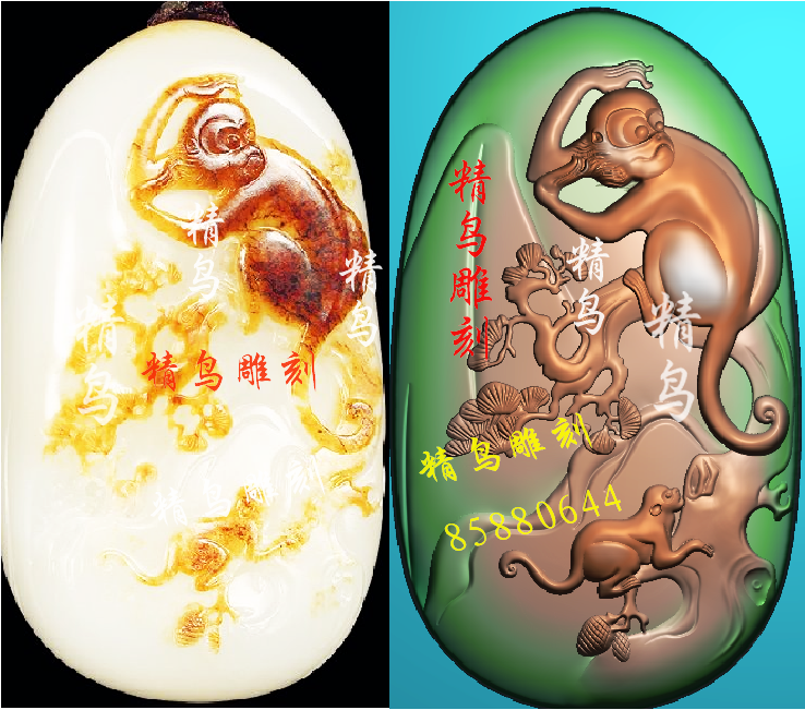 精雕图jdp 灰度图bmp 浮雕图 白玉雕图 2只猴代代封候 生肖猴子