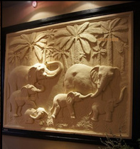 Golden diamond sandstone elephant relief sandstone mural background wall entrance background group of elephants three-dimensional carving Indoor and outdoor mural