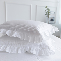 Foreign trade cotton twill pillowcase Korean ruffle pure white princess wind a pair of single special treatment