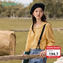 Inman 2020 autumn new sweet princess lapel long sleeves contrasting color wave point cuff shirt shirt goose yellow