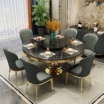  Light luxury combination meal Household marble round table with turntable table and chair Round Hong Kong-style postmodern light luxury complete set