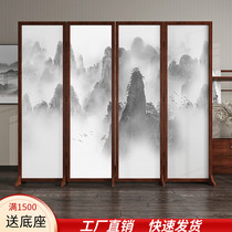 New Chinese style solid wood mobile folding screen partition Hall tea shop blocking office ancient style ink landscape painting