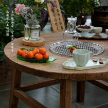 Old elm door Board coffee table round tea table barbecue table retro homestay tea hot pot table tatami kang table