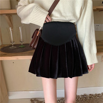 Pregnant women skirt autumn and winter 2021 New wear belly pleated skirt Joker golden velvet pregnant women short skirt tide