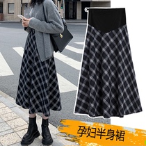  Pregnant womens skirt fashion spring and autumn and winter new woolen plus velvet belly mid-length high waist wear large swing a-line skirt