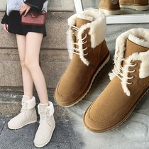 TATA JIDI he her base leather leather snow boots Lady Slim middle tube non-slip lace thick-soled cotton shoes