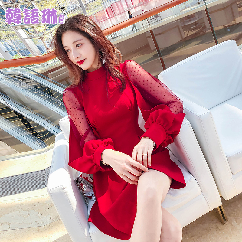 韩语琳空间春装2018新款女装蝴蝶结透视性感网纱拼接灯笼袖连衣裙