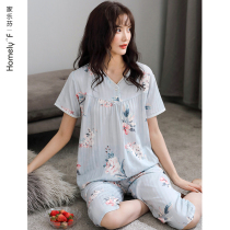 Pajama women's summer pure cotton short sleeve Capris home clothes summer thin all cotton tatting cotton gauze mother suit
