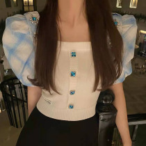 Bubble sleeve sweater T-shirt womens 2021 new summer fresh and sweet design blue and white color diamond buckle top