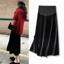 Korean spring and autumn new black gold velvet pregnant women skirt belly support a-line bag hip mid-length fishtail skirt skirt