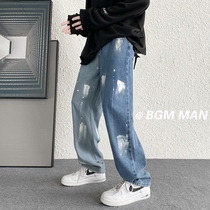 Autumn high street denim pants droop feeling splashing lacquer straight tube oversize wash for old mop casual pants ins ins