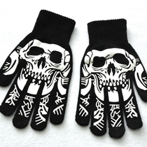 Men Adult Black Five Finger Halloween Devil Skull Pattern Single Layer Touch Screen Knitted Gloves 20cm