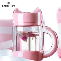 Kailin cat glass cup water cup female cute double layer belt put Office Home tea cup filter Red Girl