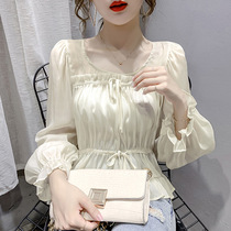 European station chiffon shirt female foreign style waist shirt 2021 Autumn New Fashion long sleeve French clavicle coat tide
