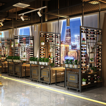 Walnut Wrought iron wine rack Card screen partition Floor-to-ceiling red wine rack Industrial style music bar restaurant partition decoration