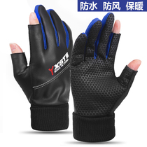 Waterproof riding gloves mens large size leather autumn and winter warm windproof plus velvet gloves men driving half finger touch screen