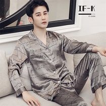 If-kann spring and autumn pajamas men's Long Sleeve Silk Satin summer ice silk high-end short sleeve large home clothes set