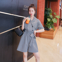 格子连体裤女短裤子2020新款小个子修身显瘦洋气连衣阔腿裤套装夏