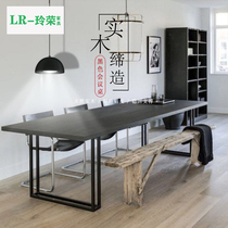 American solid wood conference table long table simple office computer desk Black large board desk industrial wind large Workbench