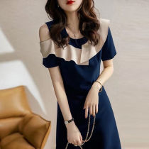 Off-shoulder thin dress womens short-sleeved 2021 summer new elegant temperament color three-dimensional ruffle small black skirt