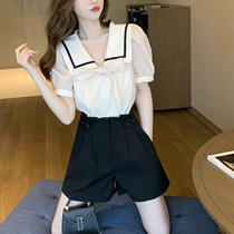 2021 summer new French sweet navy collar bubble sleeve top womens design sense small fresh foreign style small shirt