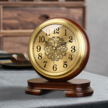 Chinese solid wood brass clock clock living room table clock retro American bedside old desktop ornaments desktop seating clock