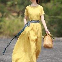 2021 summer new gentle wind belt loose femininity thin skirt national style imitation ramie