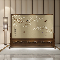Modern new Chinese solid wood screen partition living room hotel office custom mobile porch carved flower bird seat screen