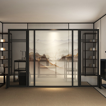New Chinese screen partition living room hotel lobby office modern solid wood porch mobile semi-transparent landscape large seat screen