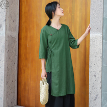 Cotton and linen Tang suit women's summer dress mid-length Chinese style women's cheongsam tops Chinese ethnic style Zen tea clothes Zen clothes