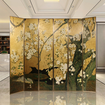 New Chinese hand-painted gold leaf flower and bird screen partition mobile hotel home porch living room decoration cherry blossom map customization