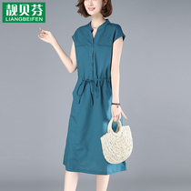 Pretty Beeven 35-45 Women's Summer Cotton and Linen Dress Temperament Slim Mom's Summer Dress Was Thin and Waisted Linen Skirt