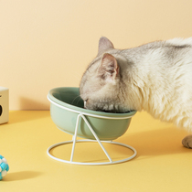 Cat bowl Ceramic double bowl protection cervical spine high foot oblique mouth anti-tipping Cat food bowl Cat food bowl Water bowl shelf Pet bowl