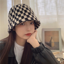 Cape Kara plush checkerboard ~ heart color matching fashionable face fisherman hat female Joker bucket hat