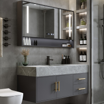  Light luxury bathroom cabinet combination Simple modern mirror cabinet set Bathroom hand washbasin rock board integrated sink