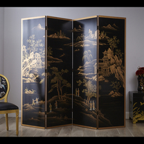 Chinese living room hand-painted court black landscape lacquer painting gold foil screen Hotel Villa sofa background folding partition