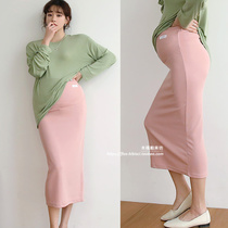 Autumn dress new elastic cotton belly bag hip skirt Korean pregnant woman skirt slim split fairy dress pregnant mother