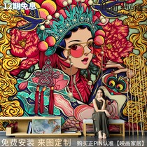 Chinese hand-painted abstract art national tide Beijing opera characters wallpaper living room TV background wallpaper seamless mural wall cloth