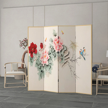 Chinese solid wood screen Modern simple partition decoration Entrance Living room bedroom folding mobile office Peony flowers and birds