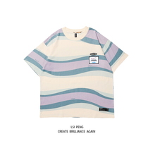 Lsi Peng Stripe color cream apricot Japanese retro contrast printing short-sleeved T-shirt men loose couple tee