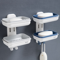 Home double soap box with adhesive hook bathroom non-hole drain soap box wall-mounted laundry soap rack