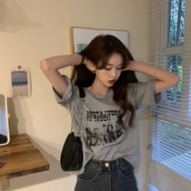 chic port flavor retro gray short sleeve T-shirt female 2021 summer New ins Super fire Net red loose coat tide