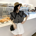 Doll collar lace lace 2020 summer new dark plaid chiffon shirt top can be salt can be sweet to reduce age