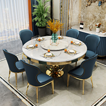Light luxury marble dining table and chair combination round table with turntable household Round Rock plate modern stainless steel dining table and chair
