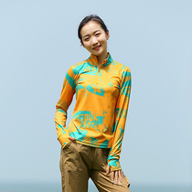 Sports Outdoor Womens new graffiti stand collar long sleeve quick-drying T-shirt breathable sweat elastic fast drying base shirt Leisure