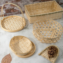 Chinese Wind Bamboo Weaving Food Pendulum Beat Retro Bamboo Screen Basket Shooting Photo Prop Assisted Small Prop Swing Piece Bamboo Plaques Bamboo Plaque Bamboo Screen Dustpan Small Ornament Background Cloth