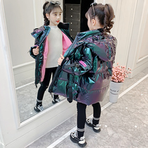 Girls cotton-padded clothes thickening and washing-free 2022 new winter childrens medium and long trendy down winter clothes bright surface coat